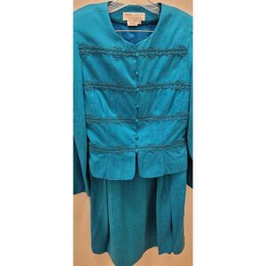 Women Vtg 12 Maggie London Formal Silk Green/blue Embroidered Jacket pleat skirt